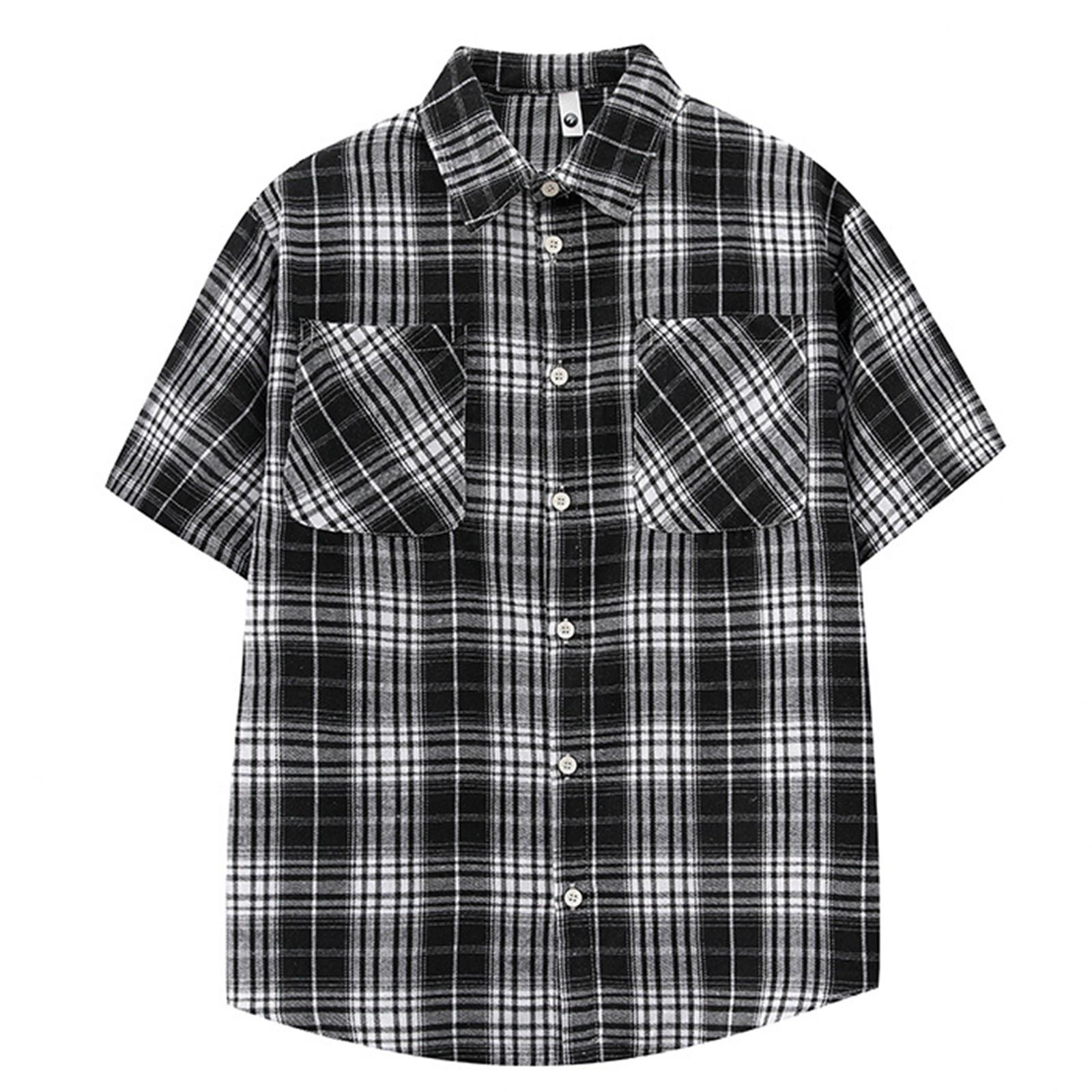 Men s Cargo  Short-sleeved Shirt, Men s Large-sized Double-pocket Workwear Checked Top XL чёрный