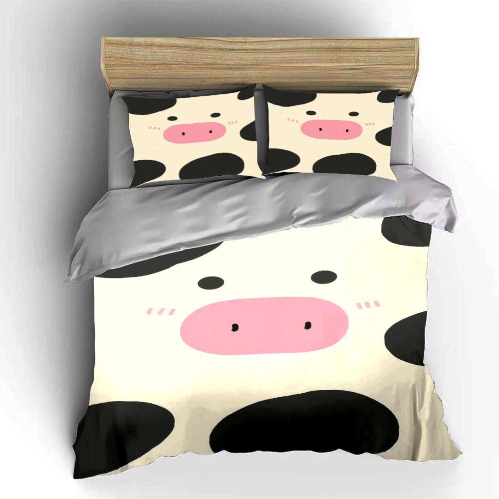 3Pc Minimal Cow Face Blush Bedding SetCute Farm Animal Close-up Print Duvet Cover 2 Pillowcases Single Double King QueenGift
