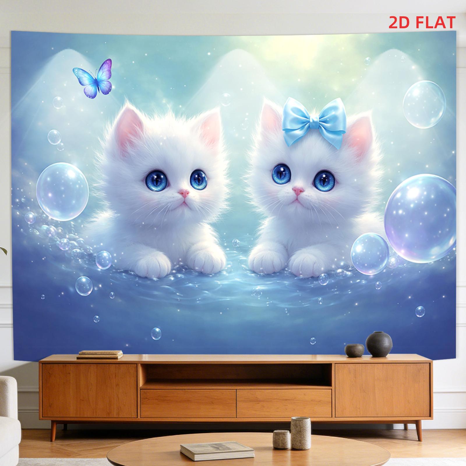 Cute White Kitten Tapestry, Blue Bow & Bubbles Wall Hanging, Dreamy Cat Art Decor for Nursery Bedroom Living Room 100X70CM