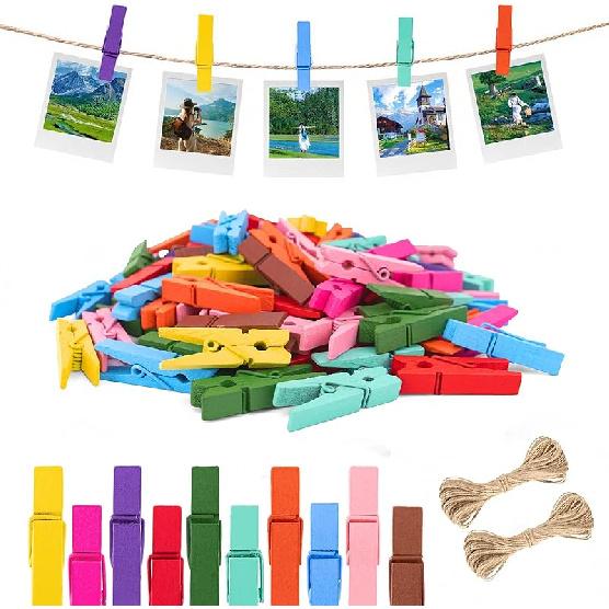 jijAcraft Mini Clothesp with String - 100Pcs Small Wooden Clothes P, Natural Brown Photo Hanging Clips, Craft Clips for Picture, Cocktails Decor,