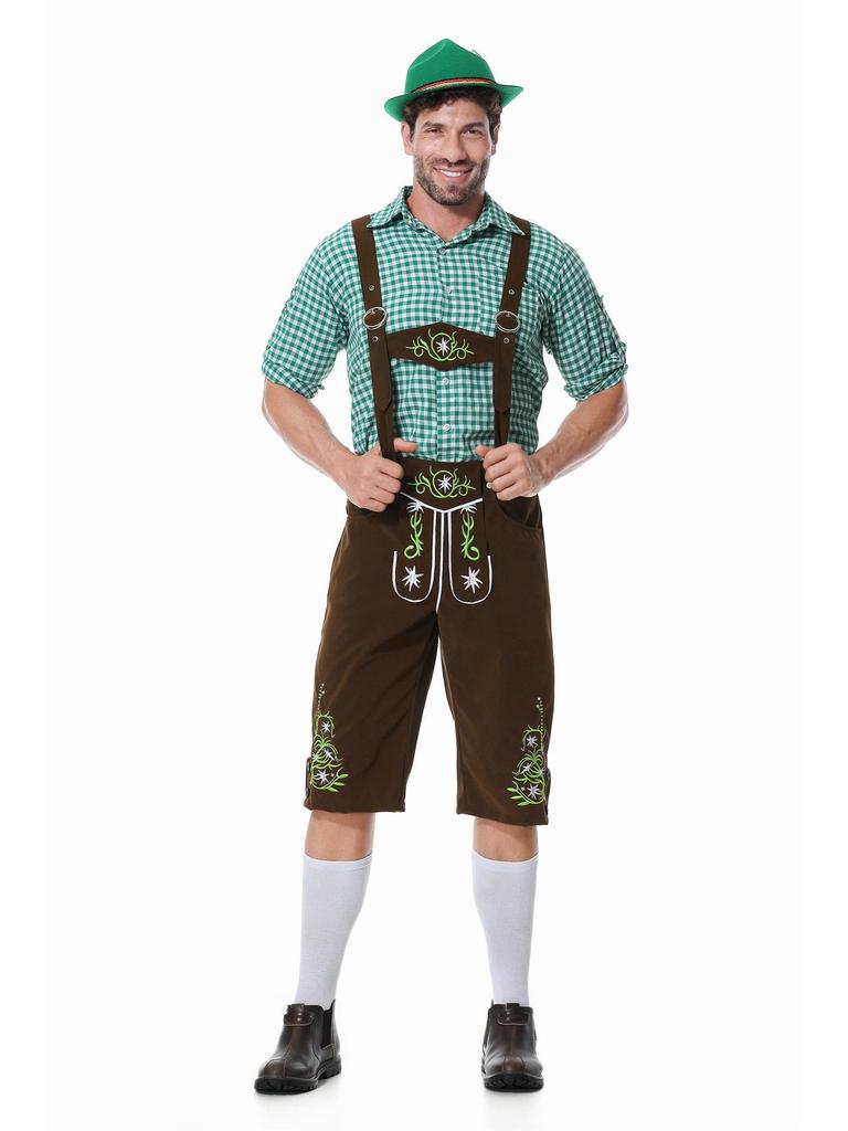 Men's Oktoberfest Outfit: Plaid Shirt, Denim Overalls, and Hat