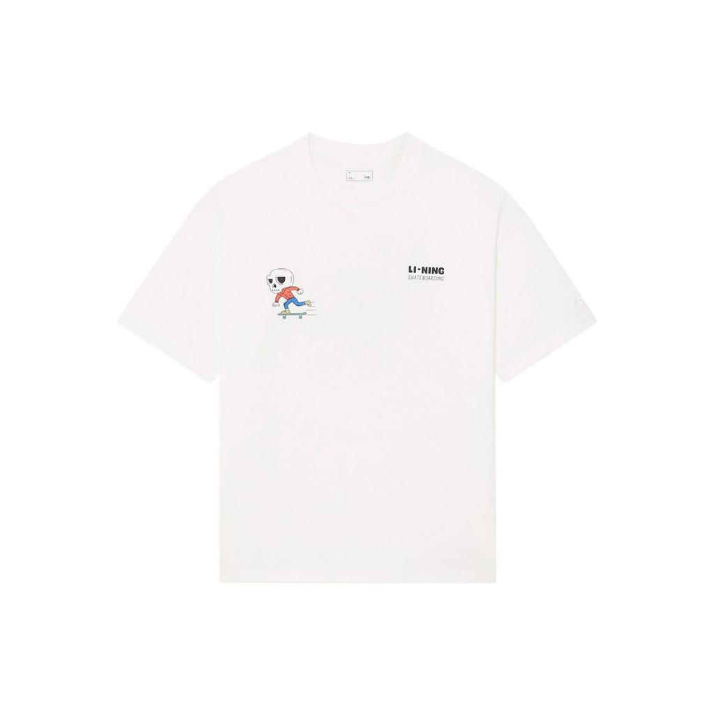 Li Ning X Pablo Ientile Collaboration Skateboard Series Cartoon Skull Print Loose Short Sleeve T-Shirt Unisex Tops Off-White AHSS863-2