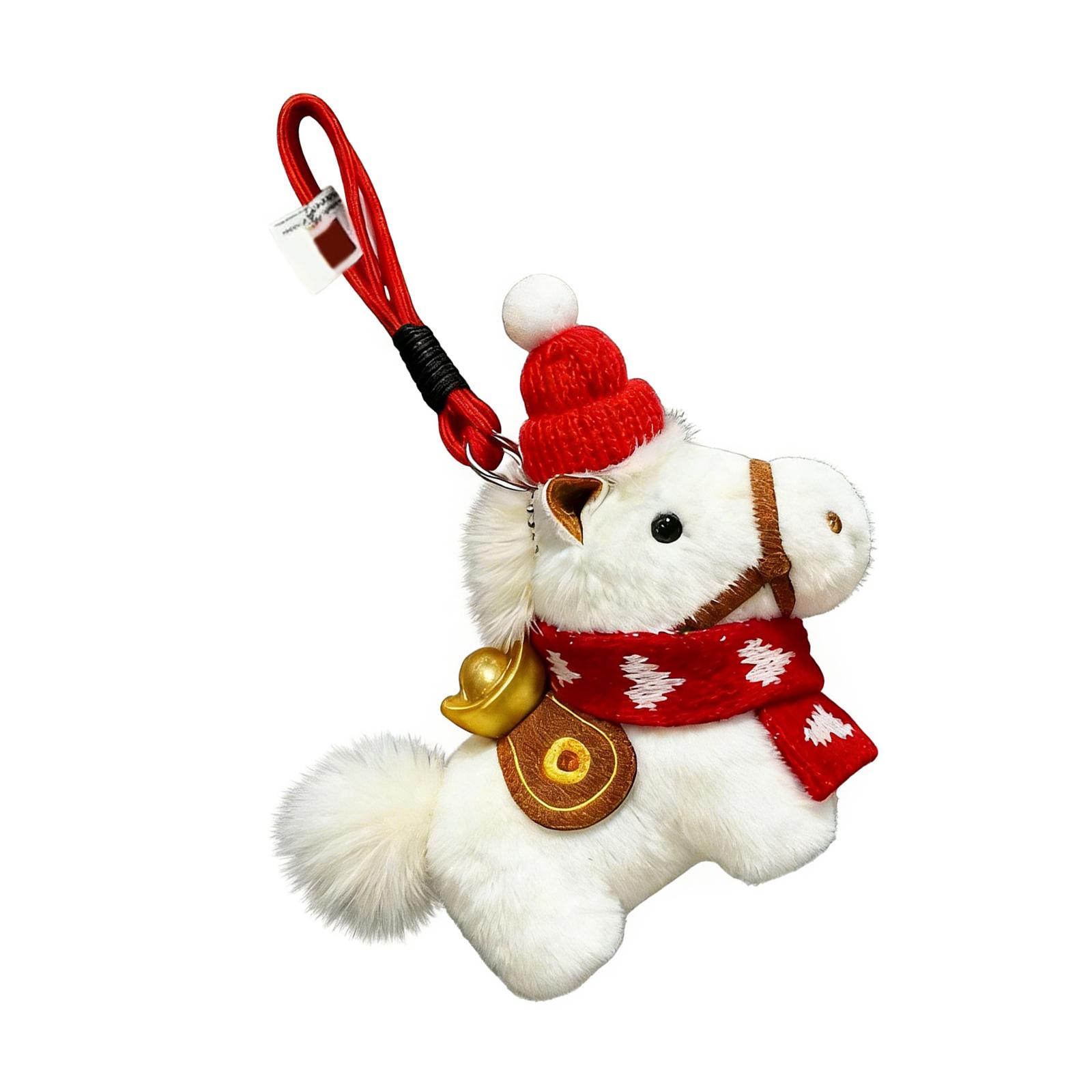 

Festive Plush Horse Keychain Ornament with Knitted Cap Scarf Detail Perfect for Car Interior Decoration Holiday Theme Gift