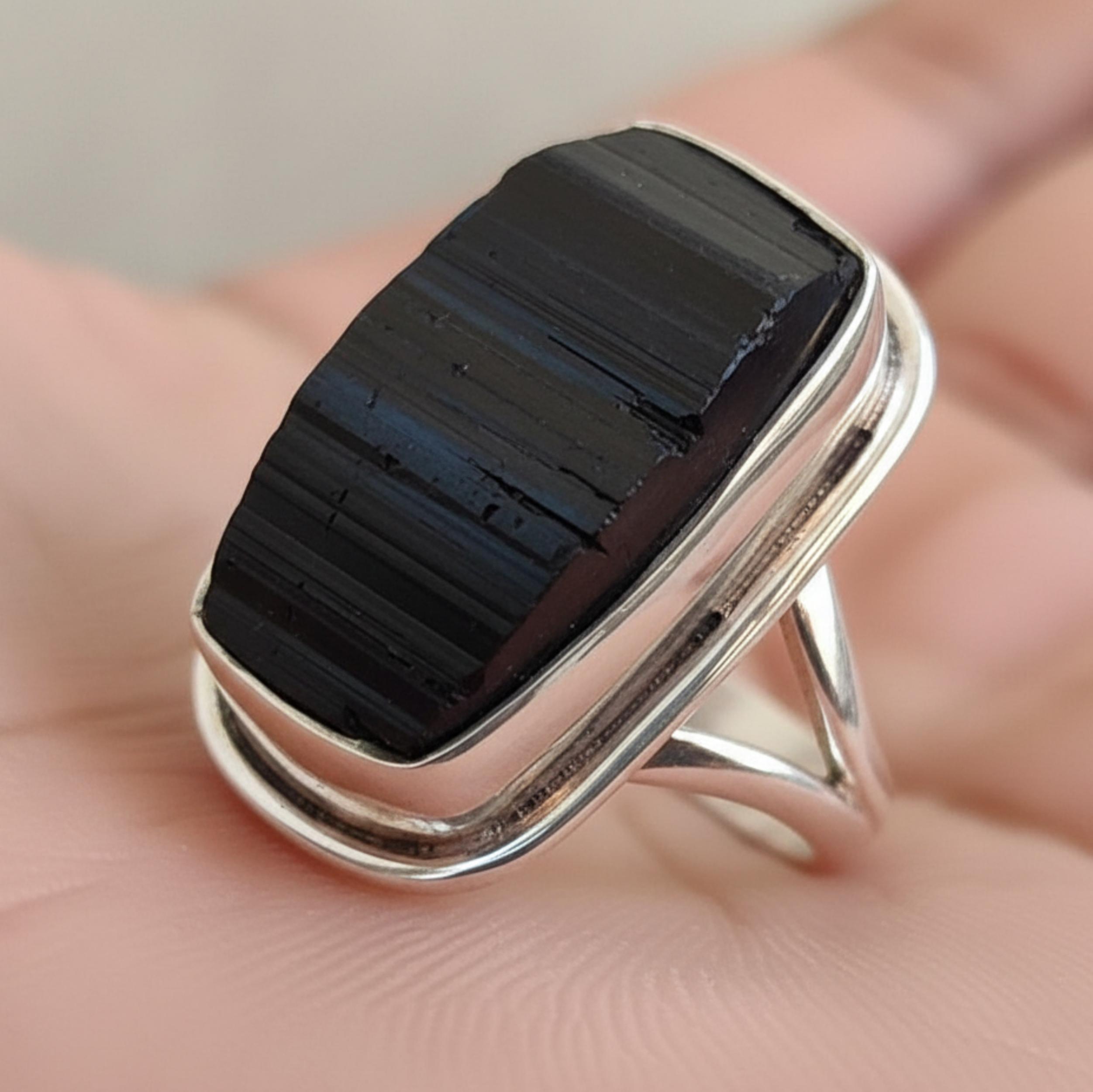 Anello regolabile in argento Sterling 925, gioielli RSR3088 delle donne della pietra preziosa della tormalina nera naturale e Argento, 12,5, cod. RSR3088