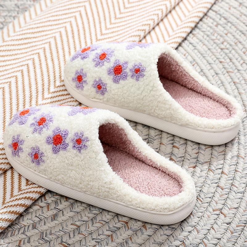 Fashion Winter Flower Cotton Slippers Women Soft Faux Fur Warm House Shoes Slipper Woman Non Slip Wear Resistant Plush Slides Lady