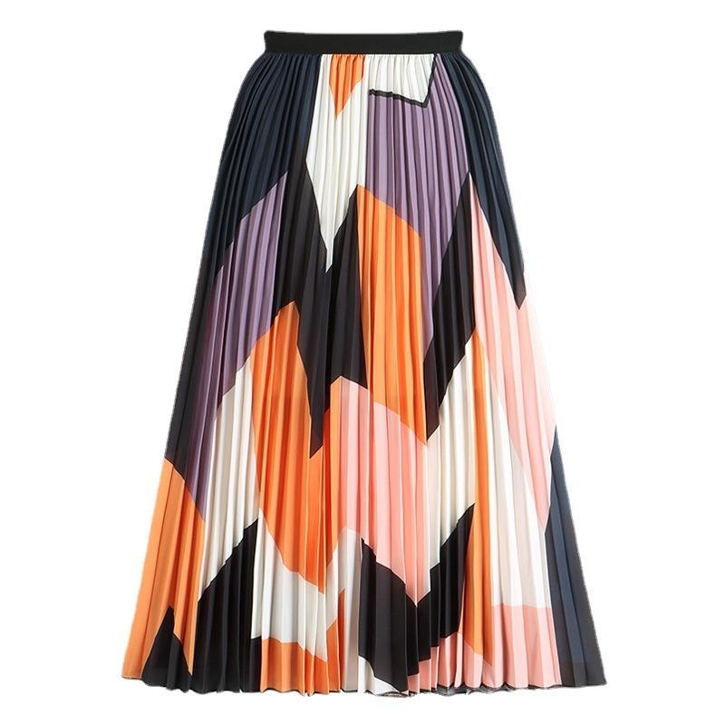 DX~~ New Retro Digital Print Skirt Women's High-waisted Slim Midi A-line Pleated Skirt