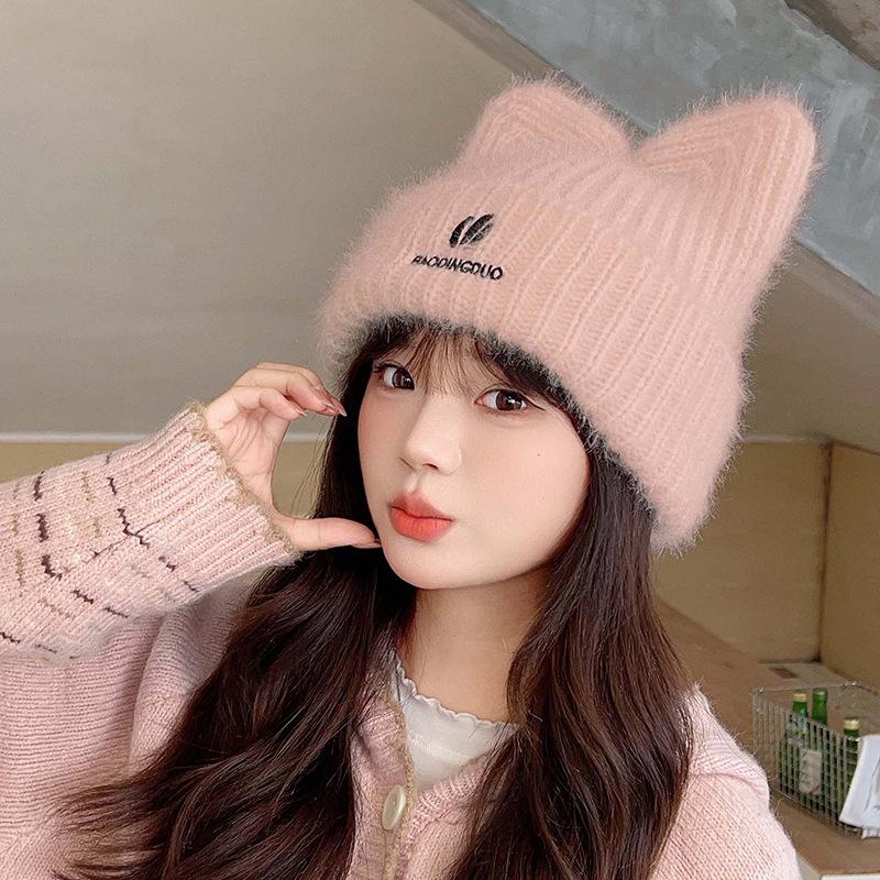 Japanese Cute Woolen Hat for Women in Autumn and Winter Fashion Versatile Ear Protection Pullover Hat Big Head Circumference Cat Ear Knitted Hat