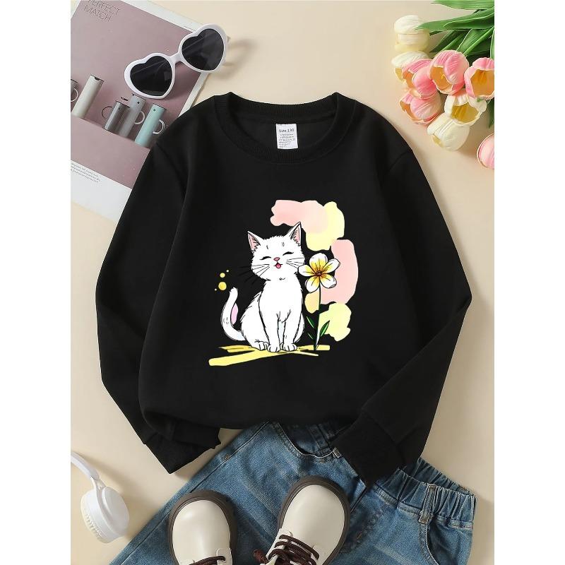 European sizes Kids' Crewneck Sweatshirt - Cute White Cat with Flower , Sportswear And Casual Wear, Soft And Comfortable