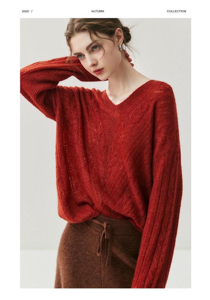 2025 Autumn/Winter Women's Leaf Pattern V-Neck Cashmere Knit Sweater Jumper
