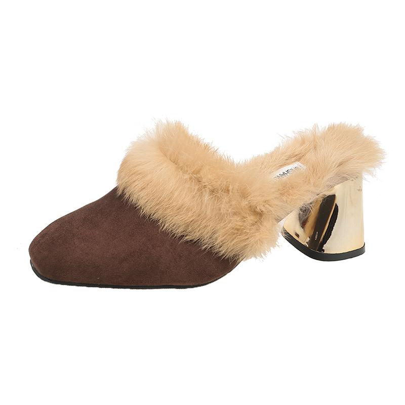 Fashion 2025 New Leisure and Comfortable Lazy Square Heel Warm Slippers Winter Square Toe Luxury Fur Square Heel Lady Indoor Slides