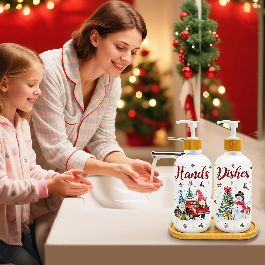 Set de 2 Dispensadores de Jabón Navideños, Decoración Navideña para Cocina, Dispensador de Jabón de Gnomos de Navidad con Bandeja para Decoraciones Interiores del Hogar