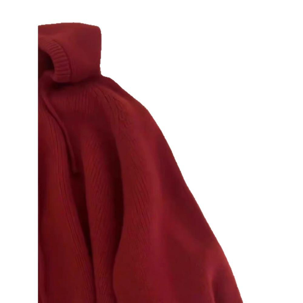 Women's 100% Pure Wool Hooded Knit Sweater - Solid Color Loose Pullover