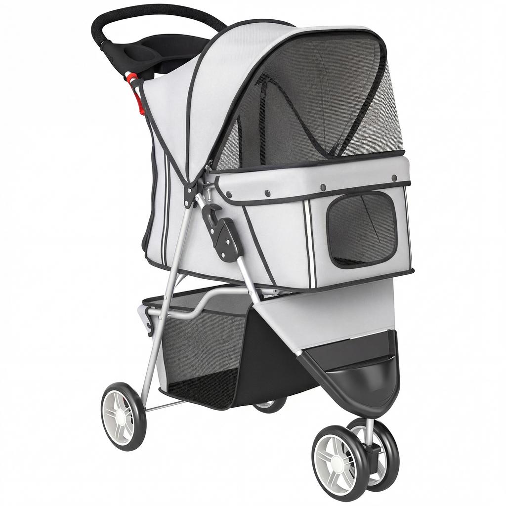 Dog Stroller, 3 Wheels Foldable Pet Stroller with Adjustable Canopy, Storage Basket for Small Mini Breeds, Grey