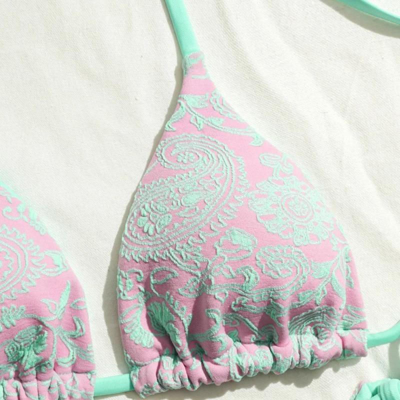 Women's Bikini Split Printed Push Up Bra Tie Side Thong Swimwear Fashion Mesh Patchwork Triangle Lace-up Thong Bathing Suits