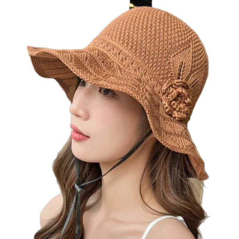 Women Floral Crochet Bucket Hat Ruffle Wide Brim Sun Hat with Chin Strap Breathable Hollow Knit Fisherman Cap for Outdoor Travel Sun Protection