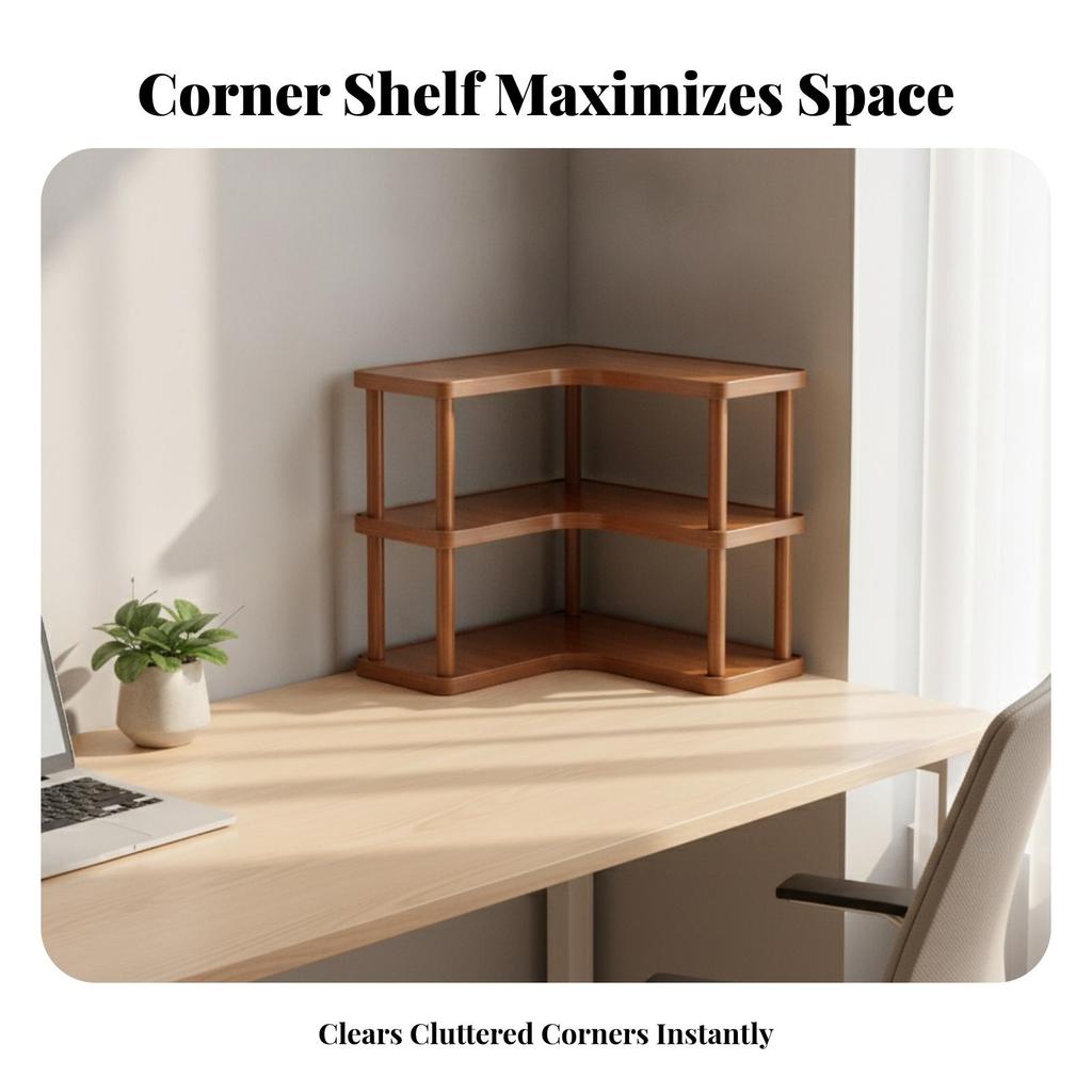 3-Level Bamboo Corner Desk Organizer Shelf Rounded Corners