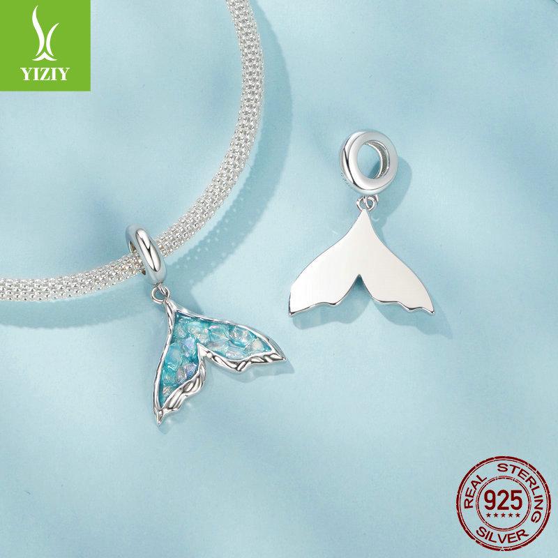 Exquisite Fantasy Blue Fishtail S925 Sterling Silver Pendant Charm for DIY Bracelet