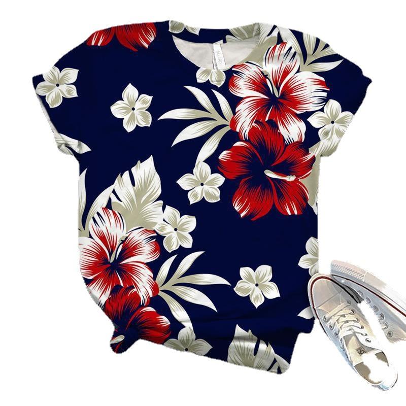 Damen Sommer Europäisch und Amerikanisch Neu 3D Freizeit Kunst Design Blumen Bedrucktes T-Shirt