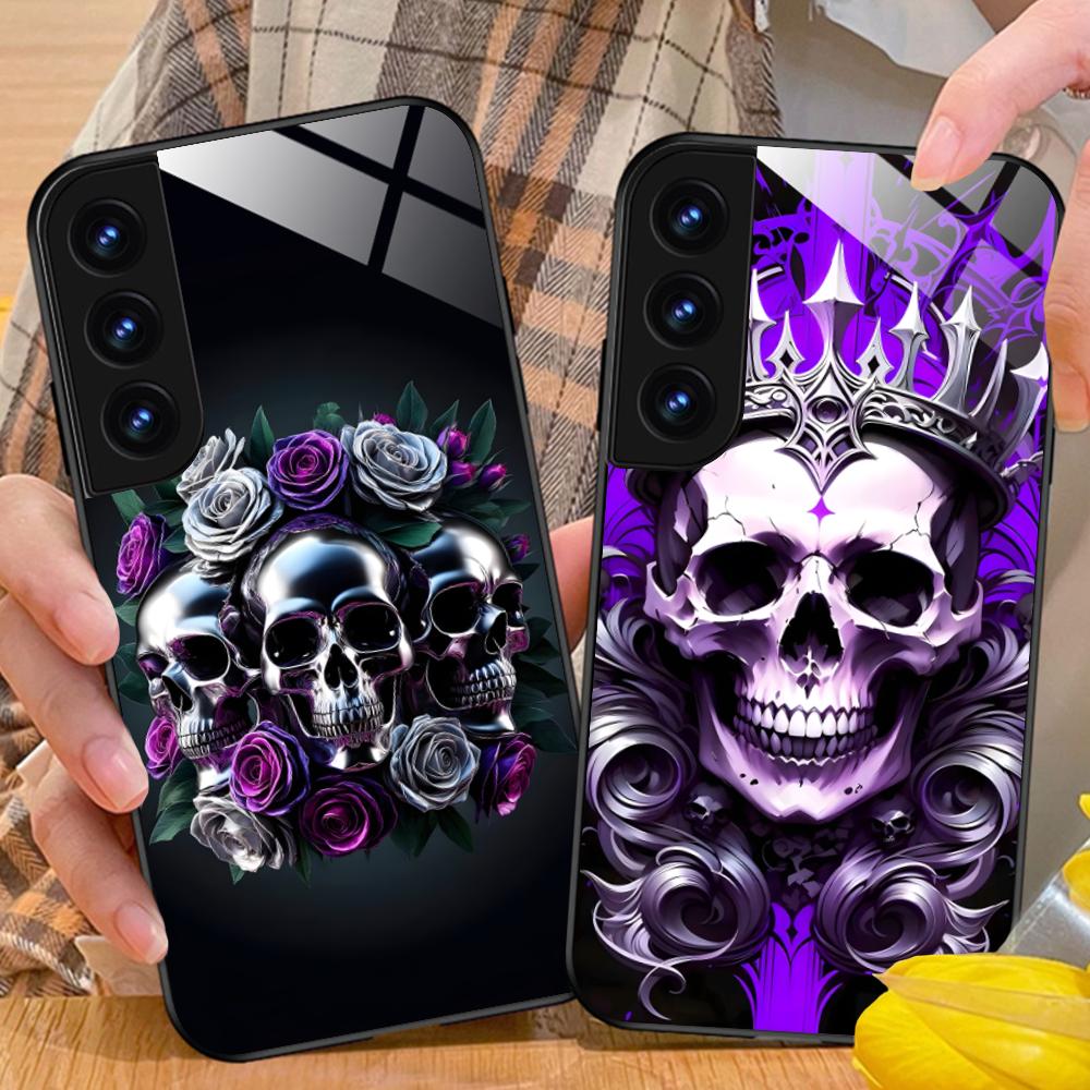 Silberne Totenkopf Glas Handyhülle für Samsung Galaxy S26 S25 S24 S23 S22 S21 S20 Note20 Plus FE Ultra Bunte Abdeckung