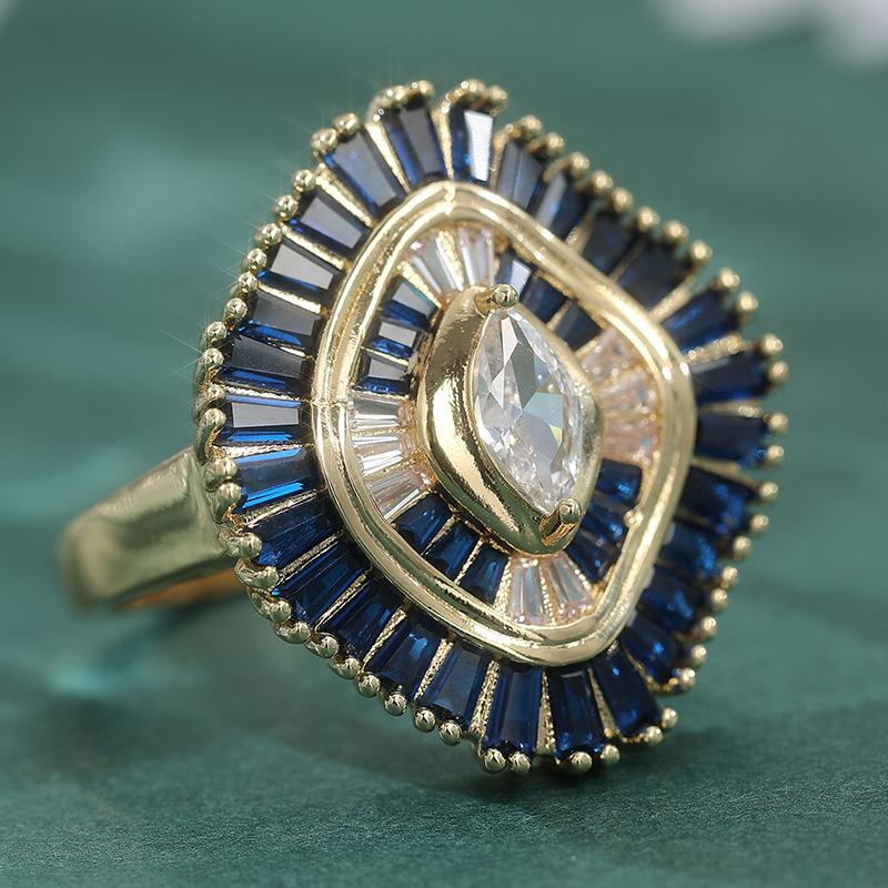 Gorgeous Inlaid White Blue CZ Women's Ring Aesthetic Gold Color Geometry Daily Wear Party Jewelry Anniversary Gift