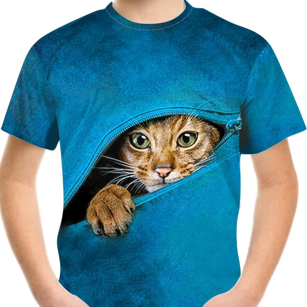 Boy's Girl Cat Graphic T-shirt Fashion Casual Breathable 3D Print Tee for Outdoor Activities Children Harajuku Tshirt
