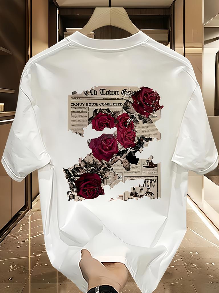 Vintage Newspaper and Red Roses Collage Print on Premium Soft 100 Cotton Unisex T shirt Perfect for Summer Casual Streetwear Style