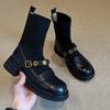 Cowhide version thick-soled metal buckle elastic boots short boots retro knitted thin boots women's loafers boots