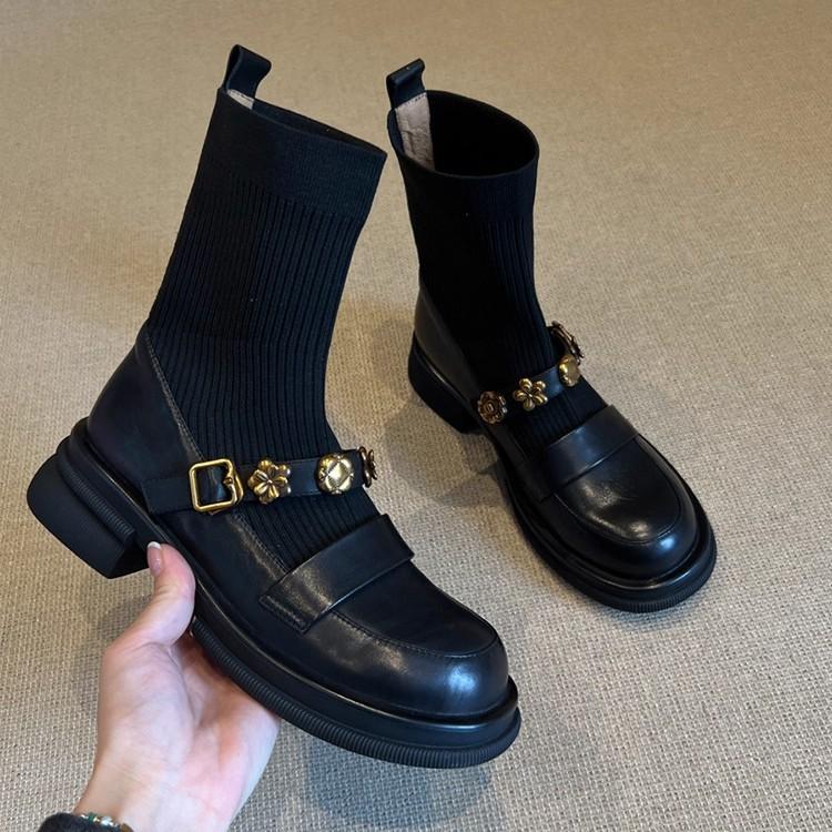 Cowhide version thick-soled metal buckle elastic boots short boots retro knitted thin boots women's loafers boots