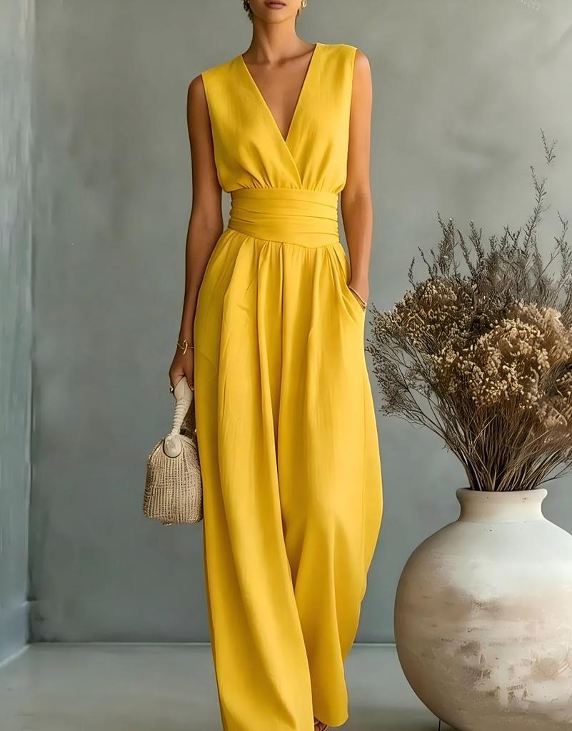 2026 European & American Spring/Summer Elegant Waist-Cinching V-Neck Women's Jumpsuit