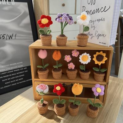 Mini flores em vasos tecidas à mão faça você mesmo, ganchos de crochê de rosas, tulipas caseiras, enfeites de escritório, produtos de fios