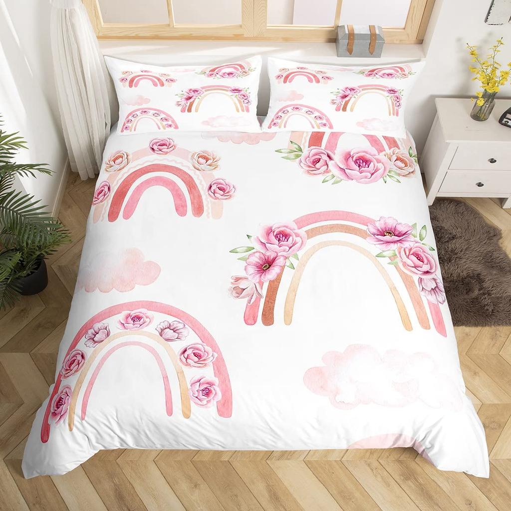 Carton Rainbow King Quen Soft Duvet Cover Children Kids Young Girls Clouds Beding Set Love Heart Warm Comforter Cover Polyester Comfortable Quilt