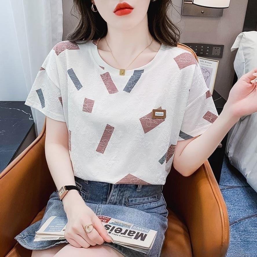 Women's Fashion Casual Summer Spring Geometric Print Short Sleeve O-Neck Blouses & Shirts