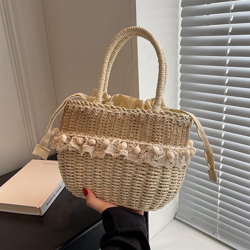 Yogodlns Women Straw Woven Bag Straw Tote Bag Large Capacity Weaving Shoulder Purse with Lace Woven Shopping HandBag Summer Beach Clutch