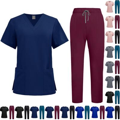 Women's Quick Drying Fabric Solid Color V-neck Pocket Short Sleeved Pants Set Workwear