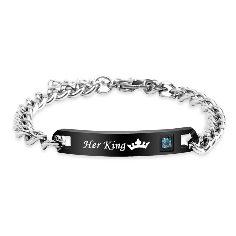 Crown Heart Zirconia Engravable Titanium Steel Couple Bracelet - Valentine's Day Gift