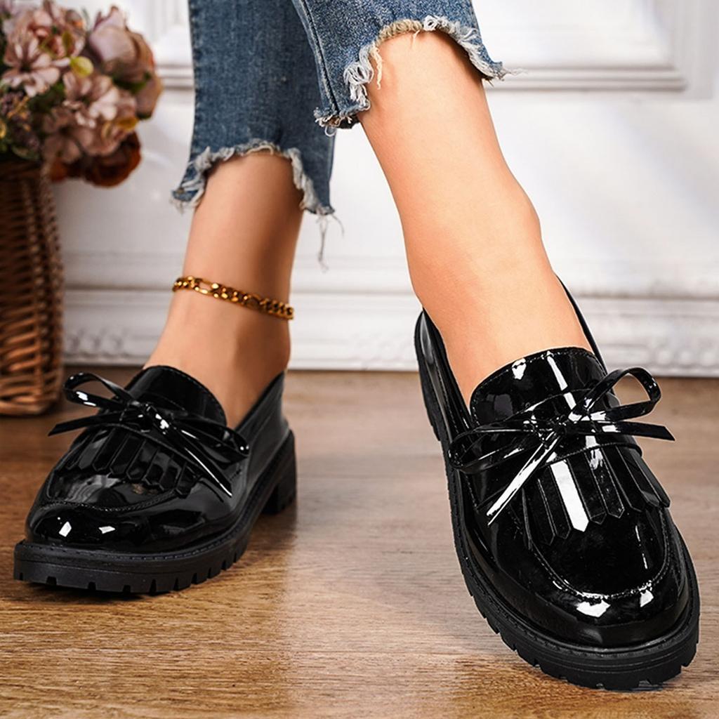 Women's Shiny Leather Tassel Shoes Fashion Large Size Casual Walking Versatile Loafers Bow Knot Tie Daily Commuting Wear