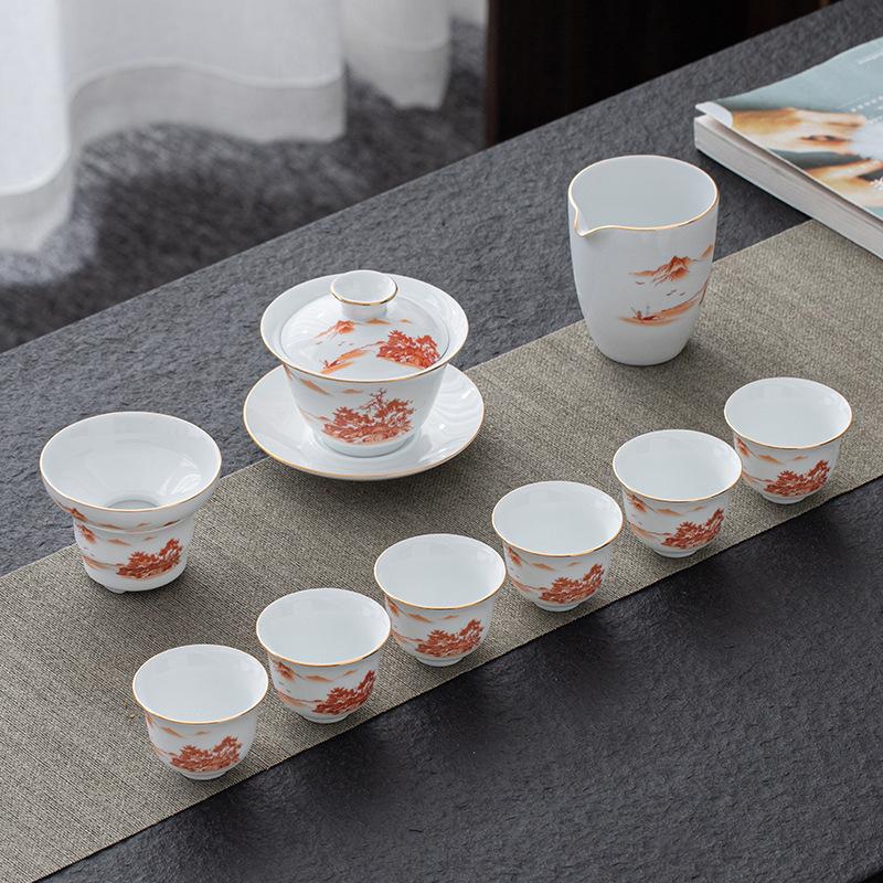 Porcelain Kung Fu Ceramic Gaiwan Tasting Household Simple Blue and White Tea Cup Gift Box Set Customizable Log