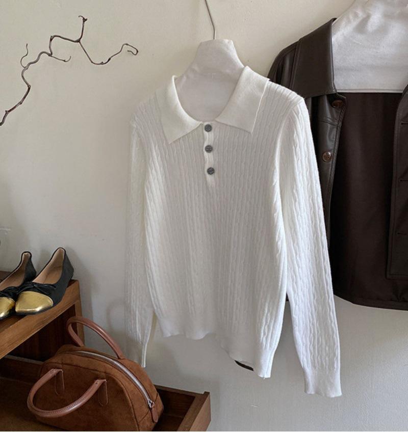 Polo Collar Long-sleeved Embroidered Twist Knitted Sweater for Women 1116 Autumn Soft Waxy Casual Foreign Style Bottomed Top for Women