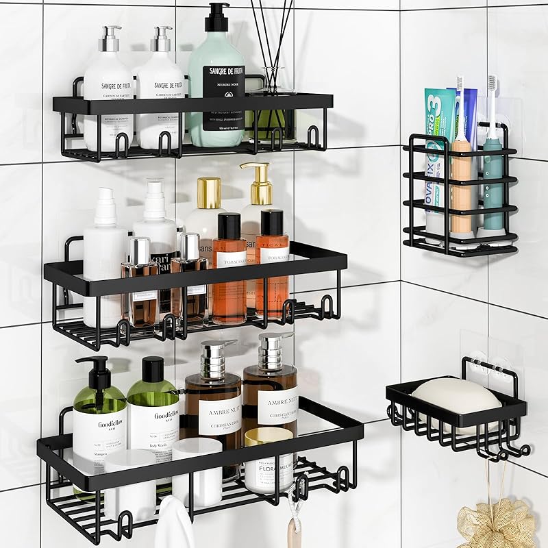 5 Pack Shower Caddy Organizer Rack Shelf for Inside Shower, Adhesive Bathroom Wall Storage Basket Rustproof Stainless Steel Shampoo Holder, Girly