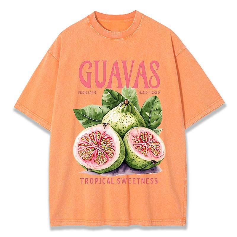 Guavas Tropical Sweetness Printed Washed T Shirts Womens Cotton Tops Comfortable Distressed ONeck Streetwear Summer Clothes