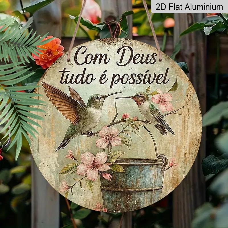 

2D Flat Aluminum Wall Art with Vintage Hummingbird and Floral Design Portuguese Country Style 7.87 Inches X 7.87 Inches Perfect for Homes, Studios 1pc
