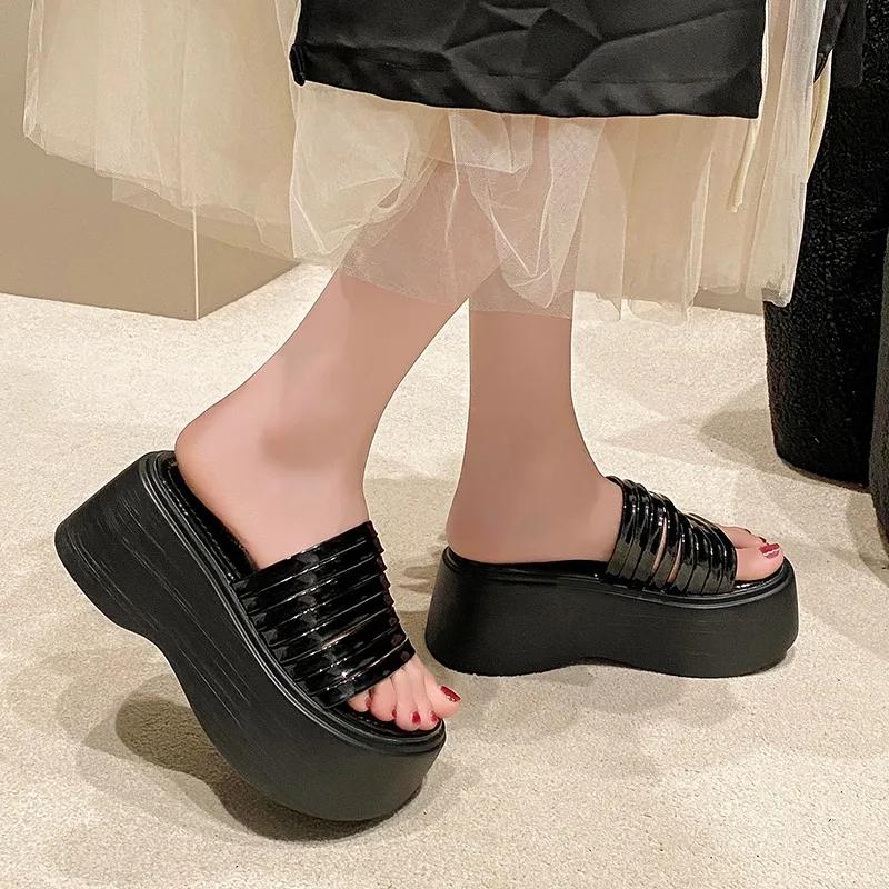 Fashion 7.5CM High quality Summer women's Thick soled white High-heel Sandals women's slope heel square toe slippers Women's Slippers