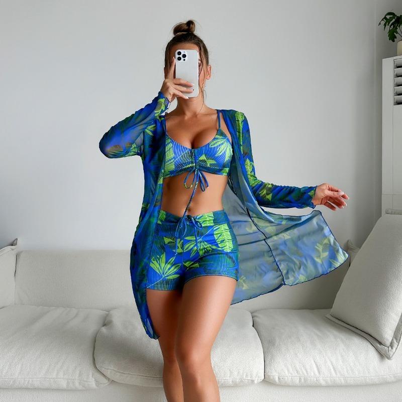 Women's 3 Piece Tropical Leaf Print Swimsuit Set with Cover Up - Bikini Top High Waisted Shorts & Long Sleeve Kimono