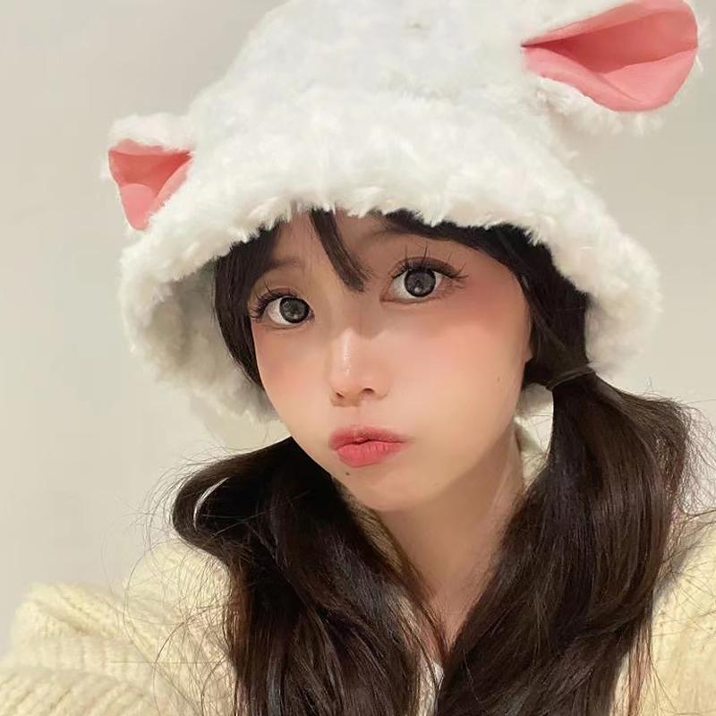 Women'S Lamb Ear Hat Cute Multi-Functional Fisherman Hat Autumn Winter Cap