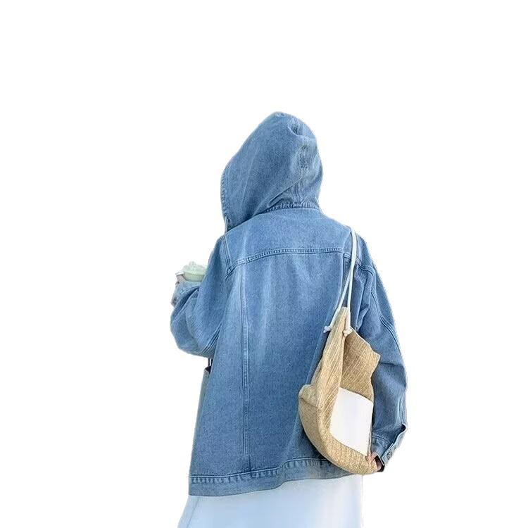 2024 Spring/Autumn Women's Hooded Loose-Fit Denim Jacket: Retro, Flattering, Casual Outerwear for a Slightly Chubby Style