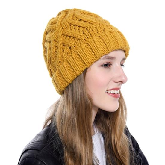 Women Autumn Winter Solid Color Woolen Yarn Soft Warm Beanie Hat Knitting Cap
