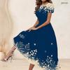Women Plus Size Round Neck Short Sleeve Snowflake Printed Navy Blue Gathered Waist A Line Long Dress