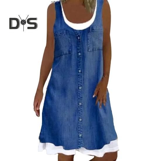 Dámské falešné dvoudílné šaty bez rukávů léto ležérní denimový potisk s výstřihem na tílko Šaty s volným střihem minišaty do A