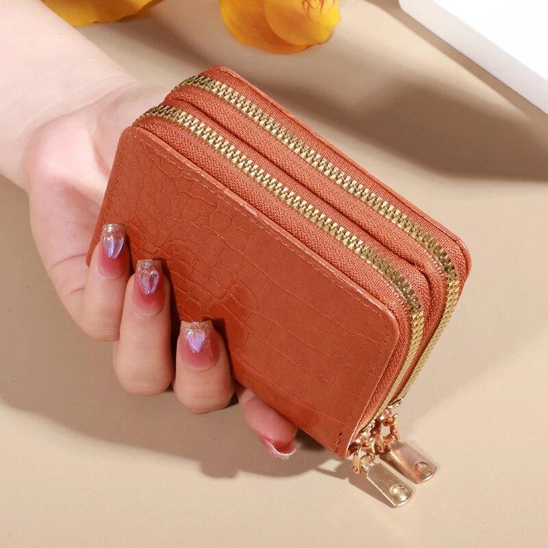 Elegante cartera multitarjetas para mujer - Cartera de mano con doble cremallera | Monedero informal de piel sintética con elegante tarjetero de cocodrilo