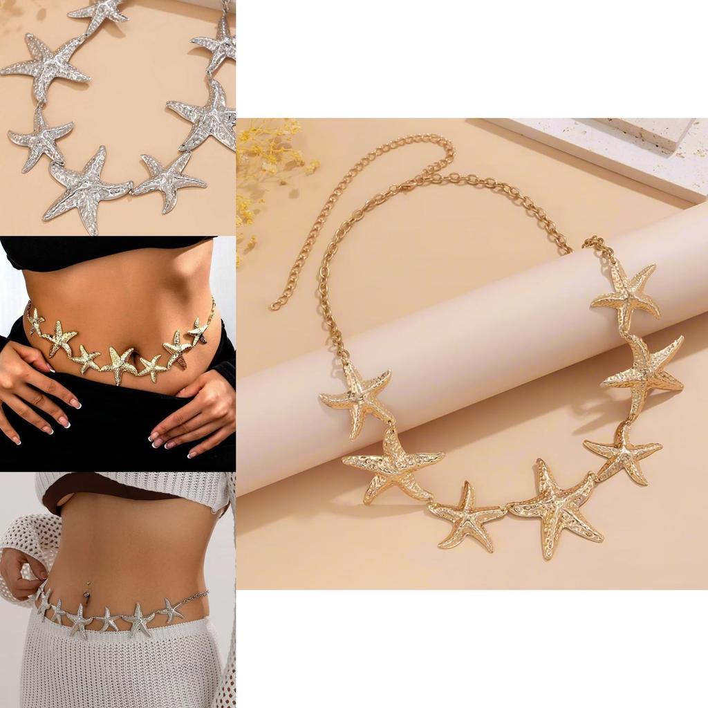 Fashion Female Waist Chain With Starfish Design In Gold And Silver For Beach Party Wear